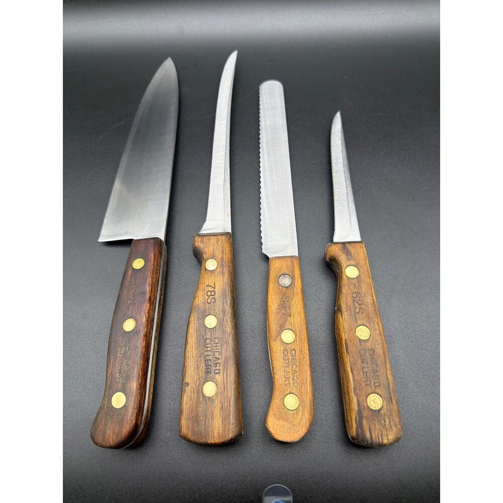Vintage Chicago Cutlery 8” Chef Knife + 3pc Lot Wood Handle 42S 62S 78S BT7 USA